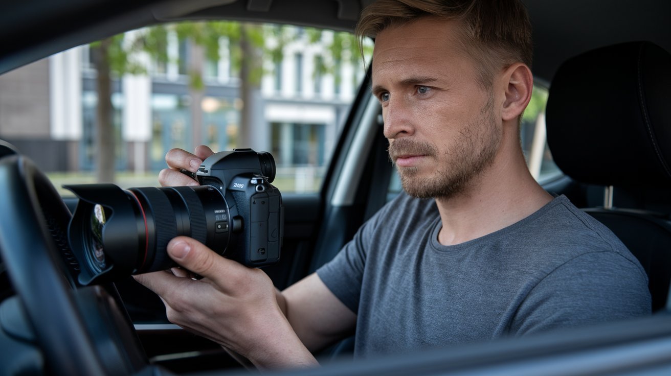 Detektiv mit Kamera im Auto bei Observation; Rostock Detektivagentur, Rostock Detektivteam, Rostock Privatermittler, Rostock Wirtschaftsdetektiv